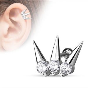 16g 3 CZ Set Spikes 316L Surgical Steel Cartilage/Tragus Barbell
